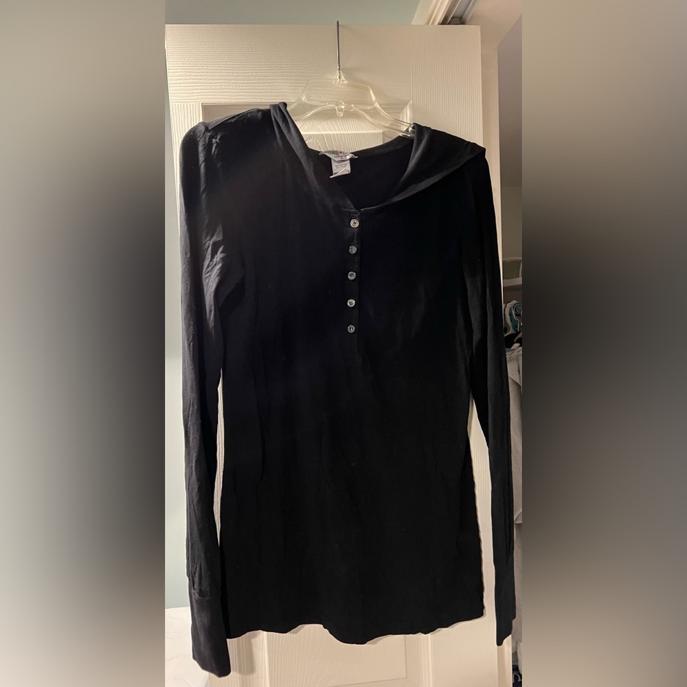 Long sleeve black womens hard tail hooded cotton tshirt